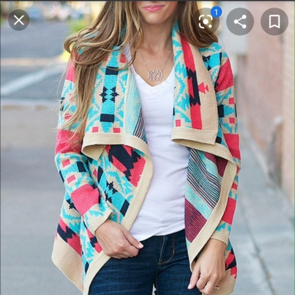 MOON COLLECTION Aztec Knitted Open Front Shaw